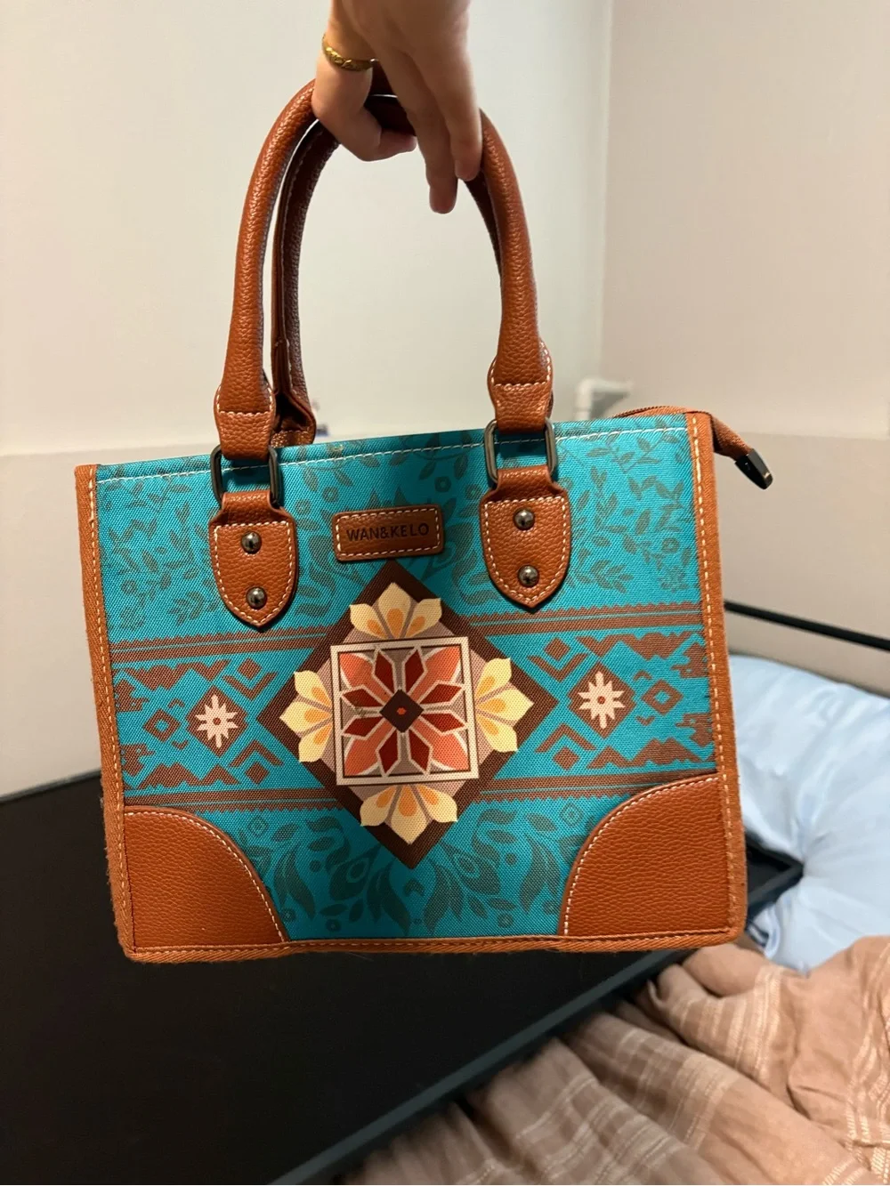 Turquoise and Tan Patterned Tote Bag